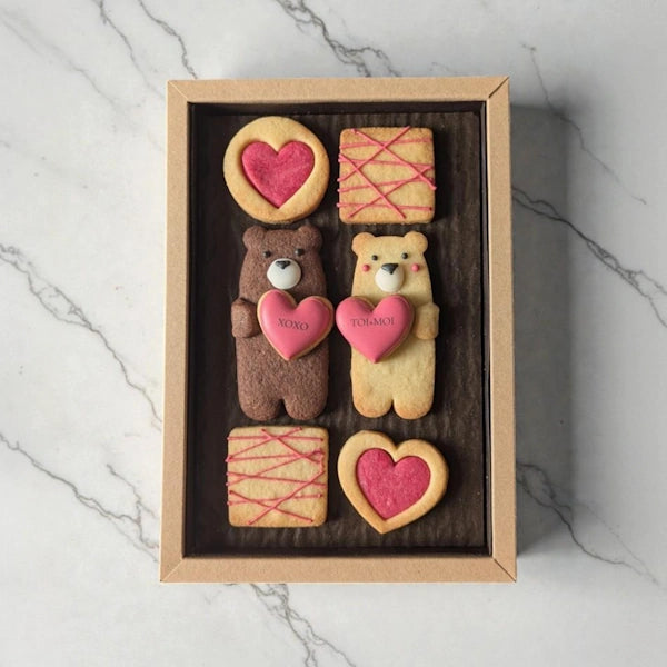 Coffret À Deux biscuits personnalisés Saint-Valentin avec ours en sablé nature et cacao