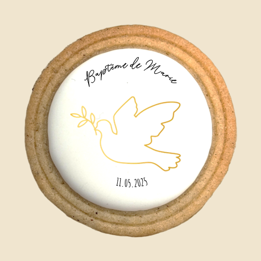 Biscuit sablé corolle doré avec colombe et prénom personnalisé pour baptême