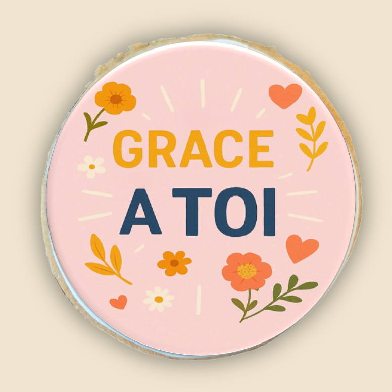 Biscuit tendre “Grâce à toi”, décoré avec glaçage blanc et écriture rose