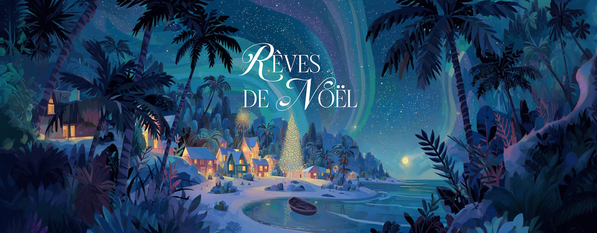 Illustration féerique de la collection Winter Wonderland avec un paysage enneigé, des sapins décorés, des bonhommes de neige et des cadeaux, créant une atmosphère magique de Noël