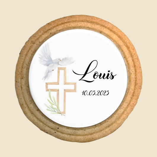 Biscuit sablé corolle avec croix en bois, colombe blanche et prénom personnalisé pour baptême