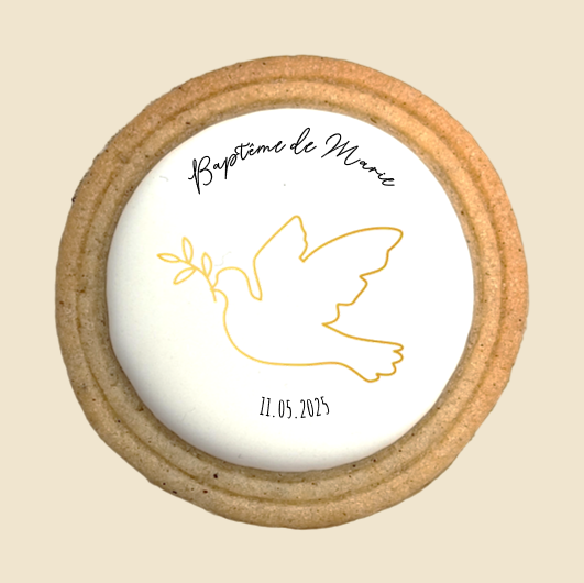Biscuit sablé corolle doré avec colombe et prénom personnalisé pour baptême