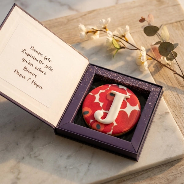 Carte gourmande personnalisée avec biscuit monogramme et initiale décorée
