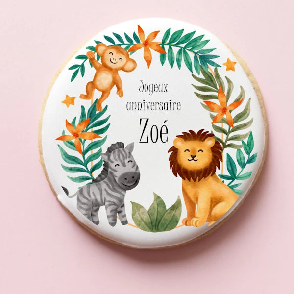 Biscuits animaux de la savane personnalisés – Girafe, lion, éléphant – Anniversaire enfant