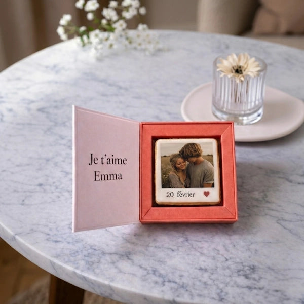 Carte de voeux biscuit personnalisé photo saint valentin