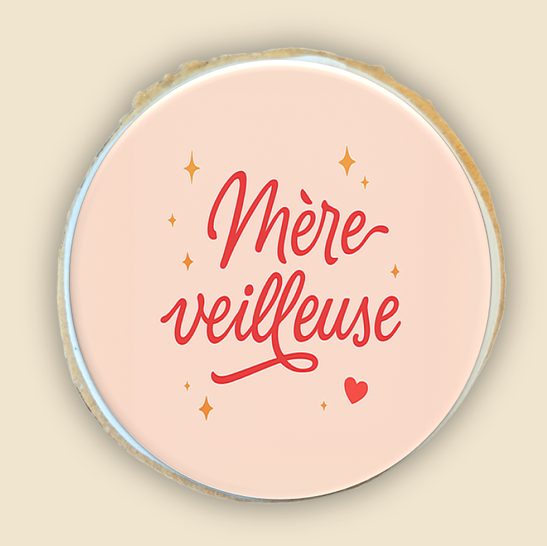 Biscuit personnalisé “Mère-veilleuse” pour maman, glaçage artisanal rose pastel