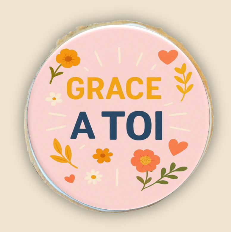 Biscuit tendre “Grâce à toi”, décoré avec glaçage blanc et écriture rose